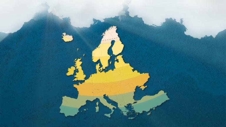 Europa-Karte, nach Breitengraden eingefärbt