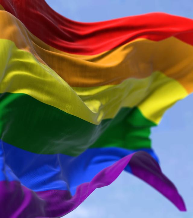 Symbolbild: die Regenbogenflagge, die an einem klaren Tag im Wind weht