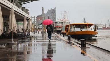 Ein Passant mit Regenschirm an den Landungsbrücken in Hamburg
