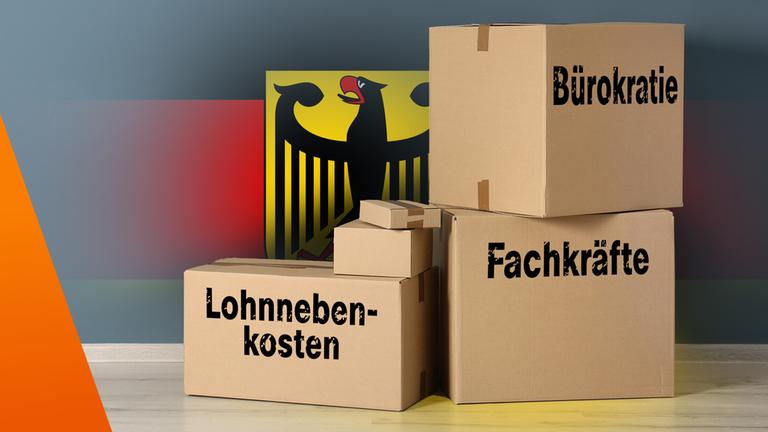 Bundesadler mit Kartons, darauf stehen: Lohnnebenkosten, Fachkräfte und Bürokratie