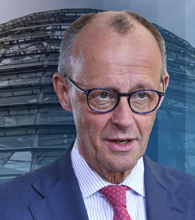 Friedrich Merz Bildausschnitt vor Bundestaggebäude.