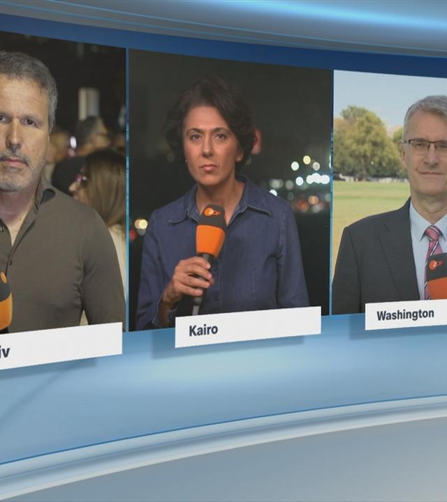 Thomas Reichart, Golineh Atai und Elmar Theveßen im Schaltgespräch mit der heute