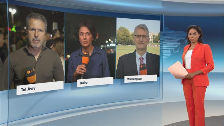 Thomas Reichart, Golineh Atai und Elmar Theveßen im Schaltgespräch mit der heute