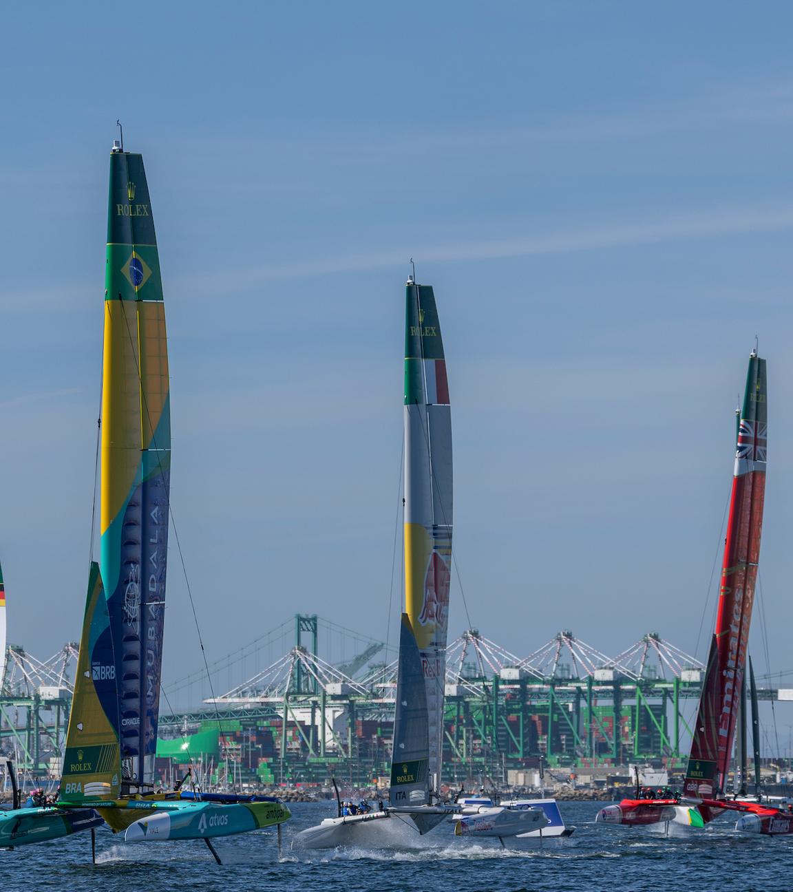 Die Teams USA, Deutschland, Brasilien, Italien und Großbritannien (von links) am ersten Renntag des Wochenendes in Los Angeles
