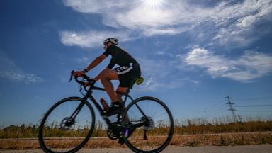 Ein Radfahrer fährt mit seinem Rennrad bei sommerlichen Temperaturen auf einem Weg neben einer Straße.