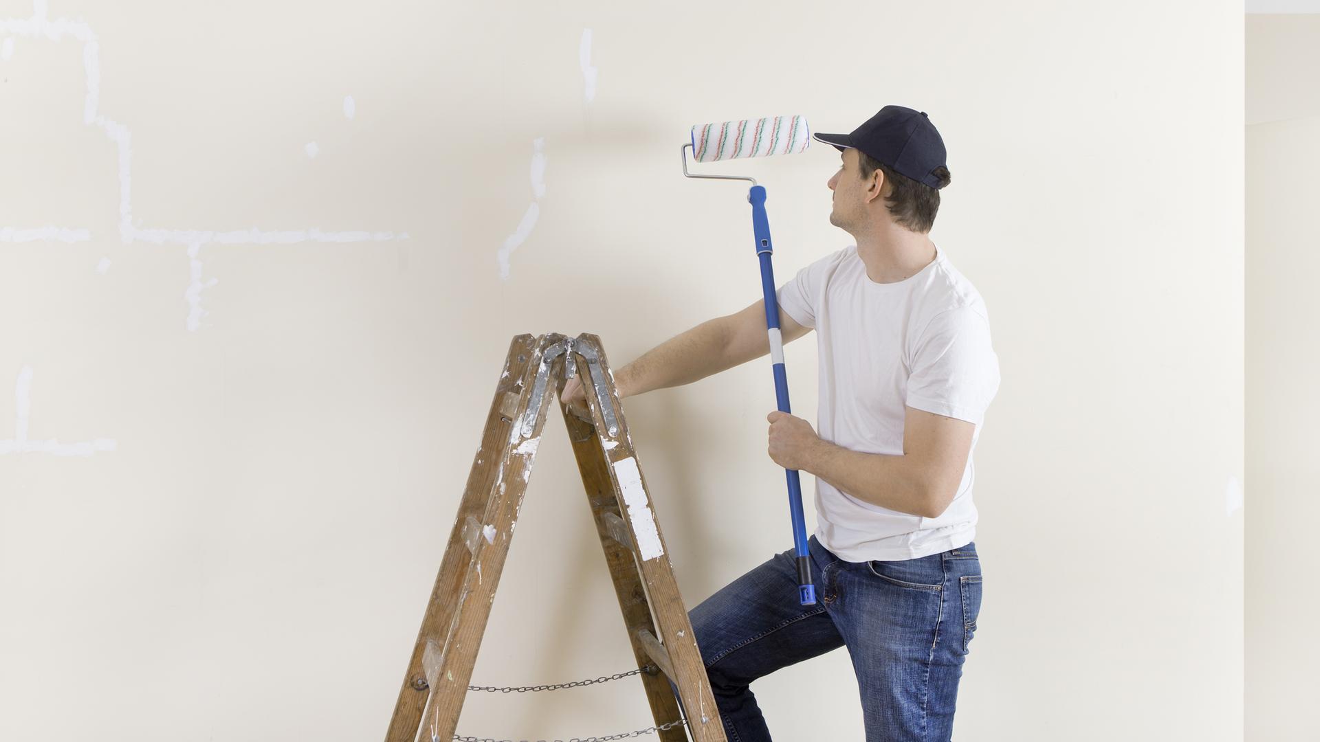 Ein Mann steht auf einer Leiter vor einer weißen Wand. Er hält eine Malerrolle in der Hand.