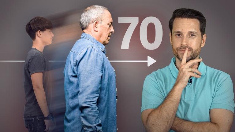 Mirko Drotschmann vor grauem Hintergrund, links ein Schaubild eines Jungen, der auf einem angedeuteten Zeitstrahl zu einem alten Mann wird, daneben die Zahl 70. 