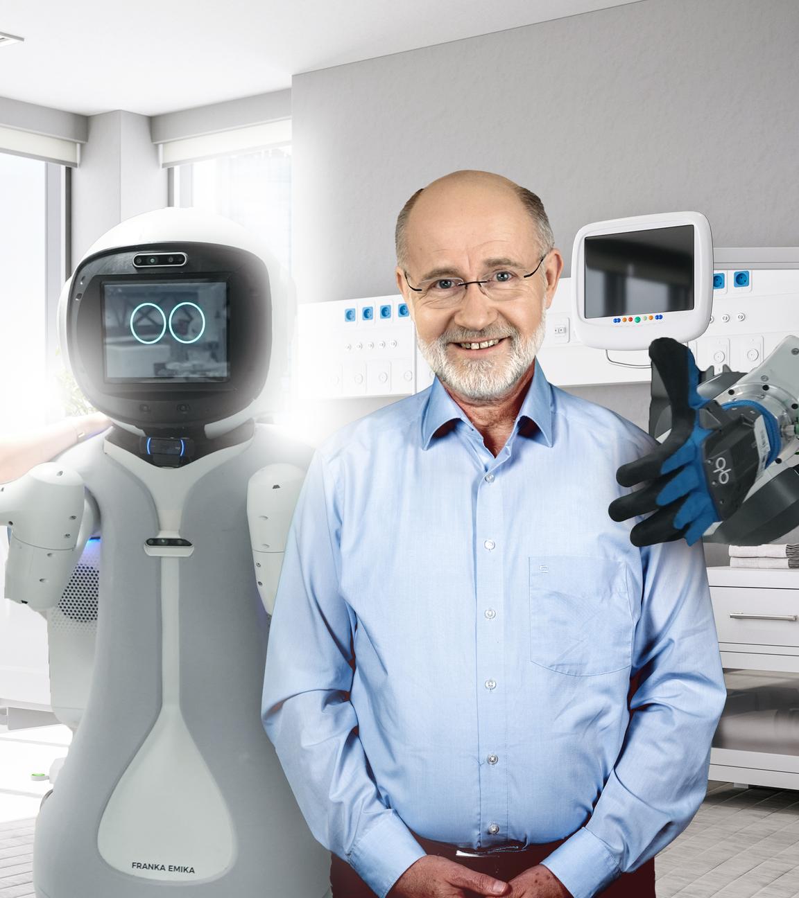 Roboter Garni umarmt Liyang Zhao und Harald Lesch