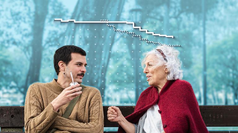 Ein junger Mann und eine ältere Frau sitzen auf einer Bank, darüber eine Grafik zur Entwicklung des Rentenniveaus