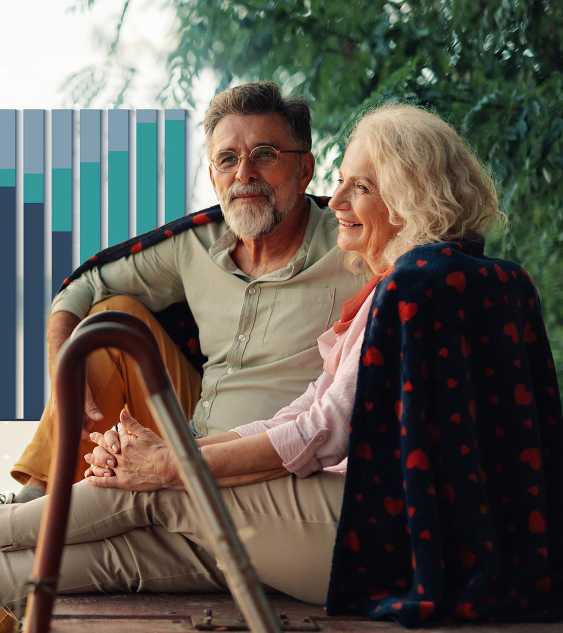 Eine ältere Frau und ein älterer Mann sitzen bei Sonnenuntergang auf einem Steg am Wasser, daneben eine Grafik zum Renteneintrittsalter der Generationen.