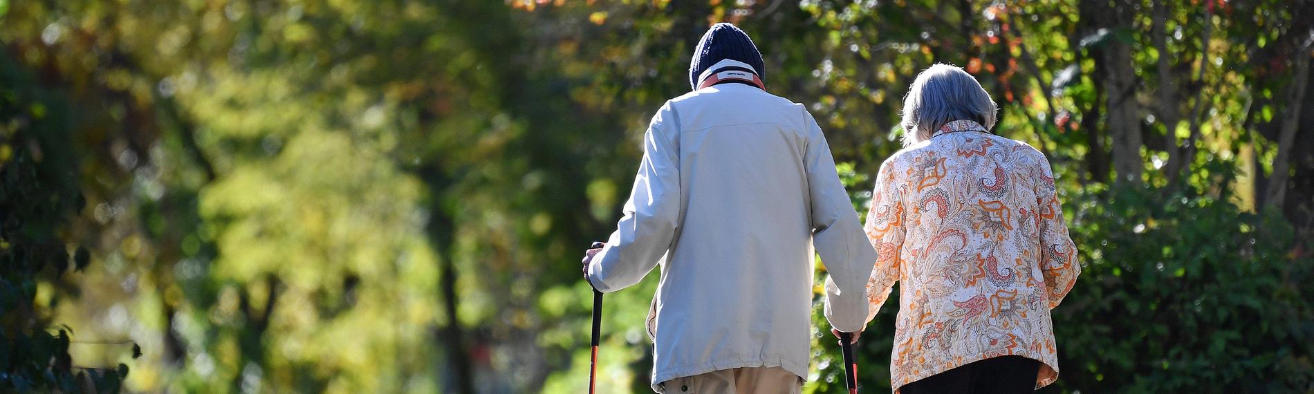 Altes Ehepaar-Rentner -Mann und Frau gehen mit Nordic Walking Stoecken spazieren, aufgenommen am 05.03.2024