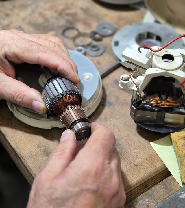 Ein Mann arbeitet an einer Tischplatte mit Werkzeug und Einzelteilen von alten Geräten.