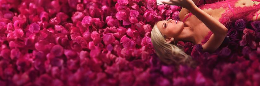 Selina liegt auf dem Rücken auf einem pinkfarbenem Rosenbett und schaut in ihr Handy. Sie trägt ein pinkfarbenes Negligé