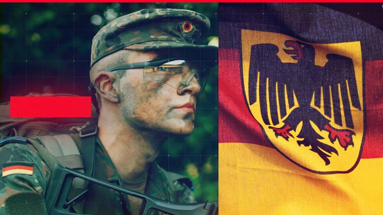 Splitscreen, links: Bundeswehr-Reservist mit Gewehr in der Hand bei Reservisten-Training, rechts Deutschlandfahne