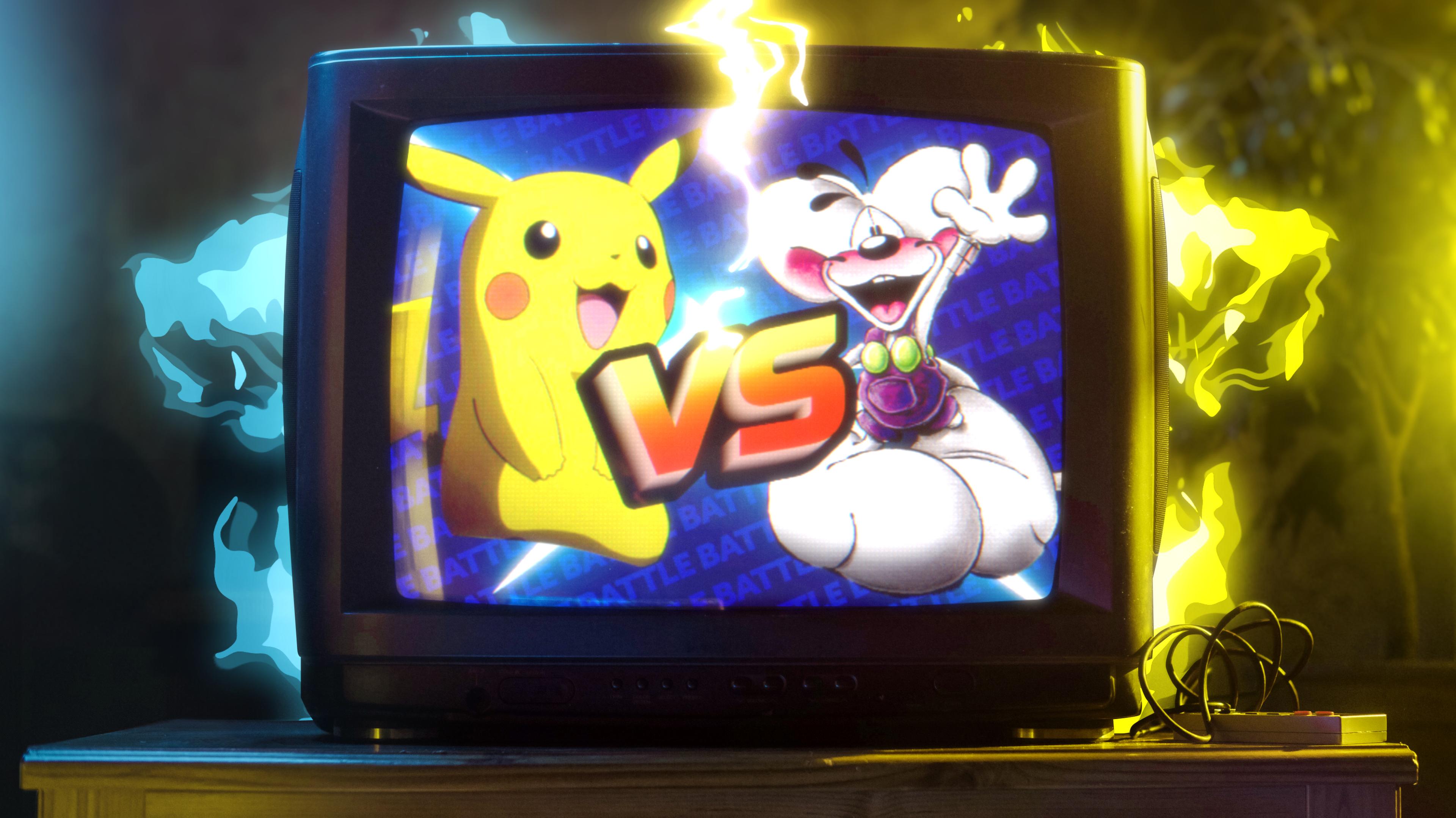 Montage: In einem Röhrenfernseher sind Pikachu und eine Diddl-Maus abgebildet. Vor dem schwarzen Hintergrund, neben dem Fernseher, liegen gelbe und blaue Lichtreflexe.