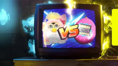 Montage: In einem Röhrenfernseher sind ein Plüschtier, ein Furby, und ein Tamagotchi abgebildet. Vor dem schwarzen Hintergrund, neben dem Fernseher, liegen gelbe und blaue Lichtreflexe.