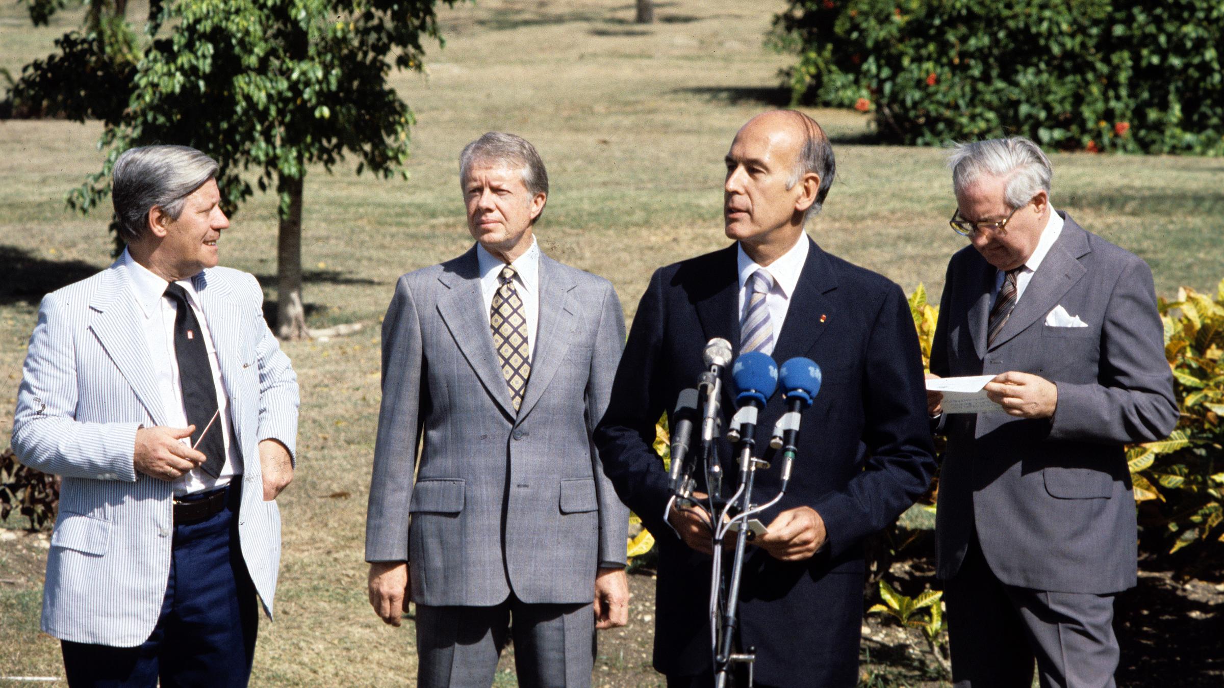 Januar 1979: Gipfelkonferenz in Guadeloupe mit Helmut Schmidt, Jimmy Carter, Valery Giscard D'Estaing und James Callaghan.