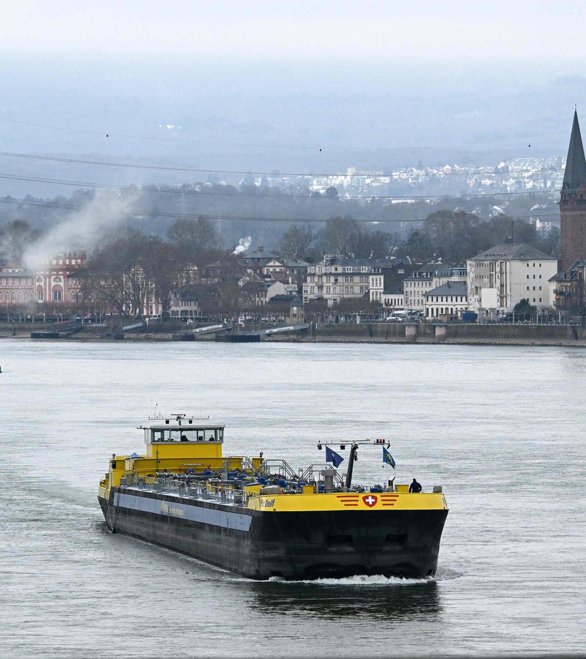 Ein Handelsschiff fährt auf dem Rhein vor Biebrich, Westdeutschland.