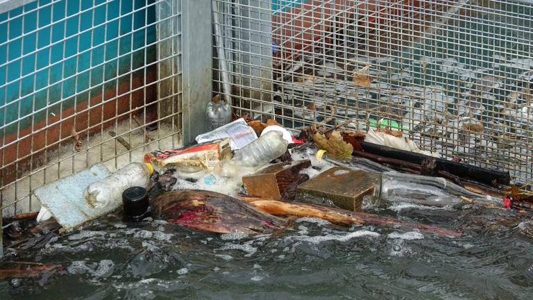 Müll hat sich in den beiden Körben der Müllfalle «RheinKrake» verfangen