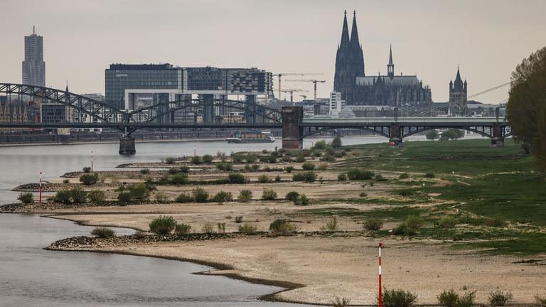 Zu sehen ist ein niedriger Pegelstand am Rheinufer in Köln.