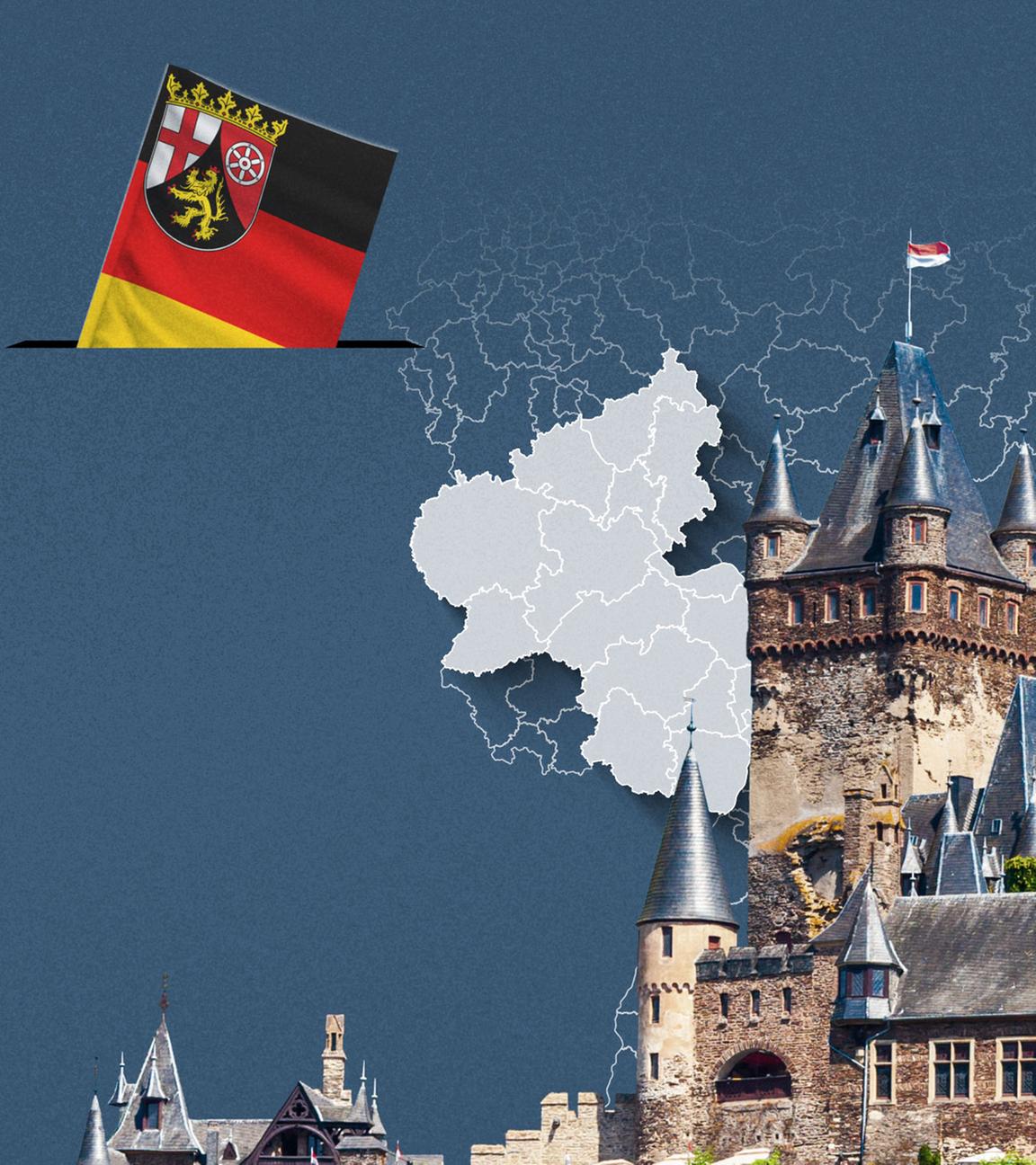 Foto von der Reichsburg Cochem, davor eine Wahlkreis-Karte von Rheinland-Pfalz und die Flagge