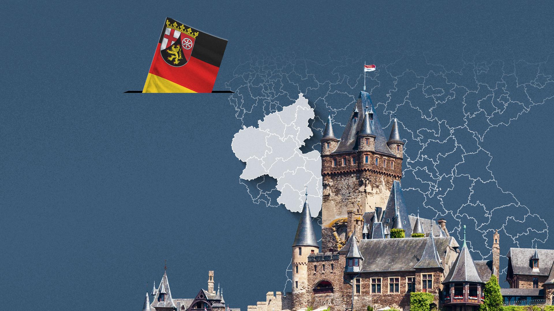 Foto von der Reichsburg Cochem, davor eine Wahlkreis-Karte von Rheinland-Pfalz und die Flagge