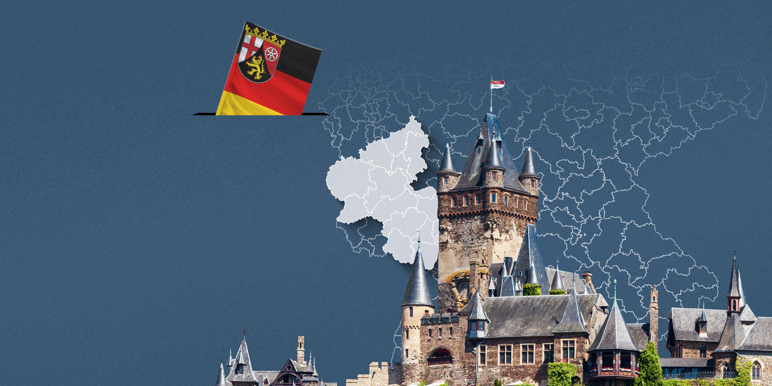 Foto von der Reichsburg Cochem, davor eine Wahlkreis-Karte von Rheinland-Pfalz und die Flagge