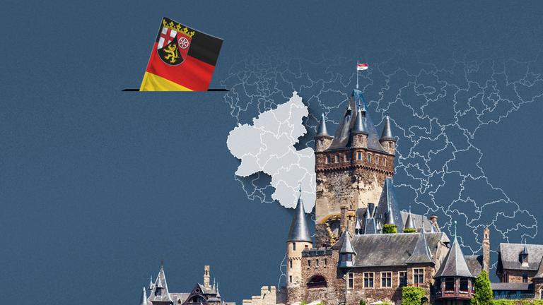 Foto von der Reichsburg Cochem, davor eine Wahlkreis-Karte von Rheinland-Pfalz und die Flagge
