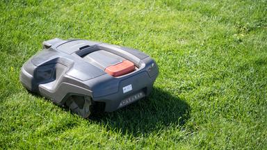 (Archiv) Ein Rasenmähroboter fährt über eine Wiese.
