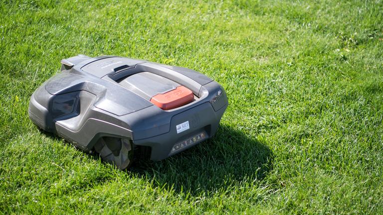 (Archiv) Ein Rasenmähroboter fährt über eine Wiese.