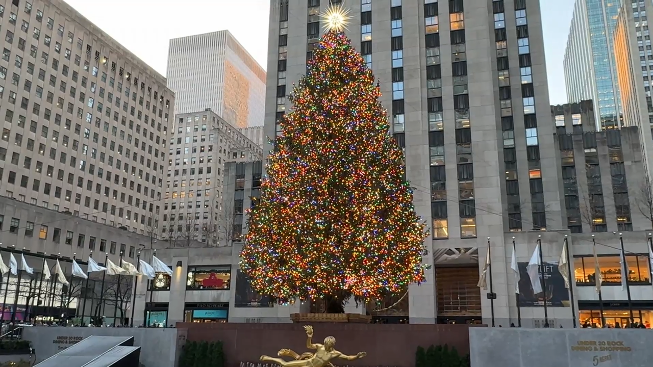Ein großer Christbaum steht vor dem Rockefeller Center in New York City.