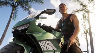 Protagonist Jason Duval mit zwei ganz entscheidenden Zutaten der GTA-Serie: Waffen und Fahrzeuge. Beides kann der Spieler wie Briefmarken sammeln.
