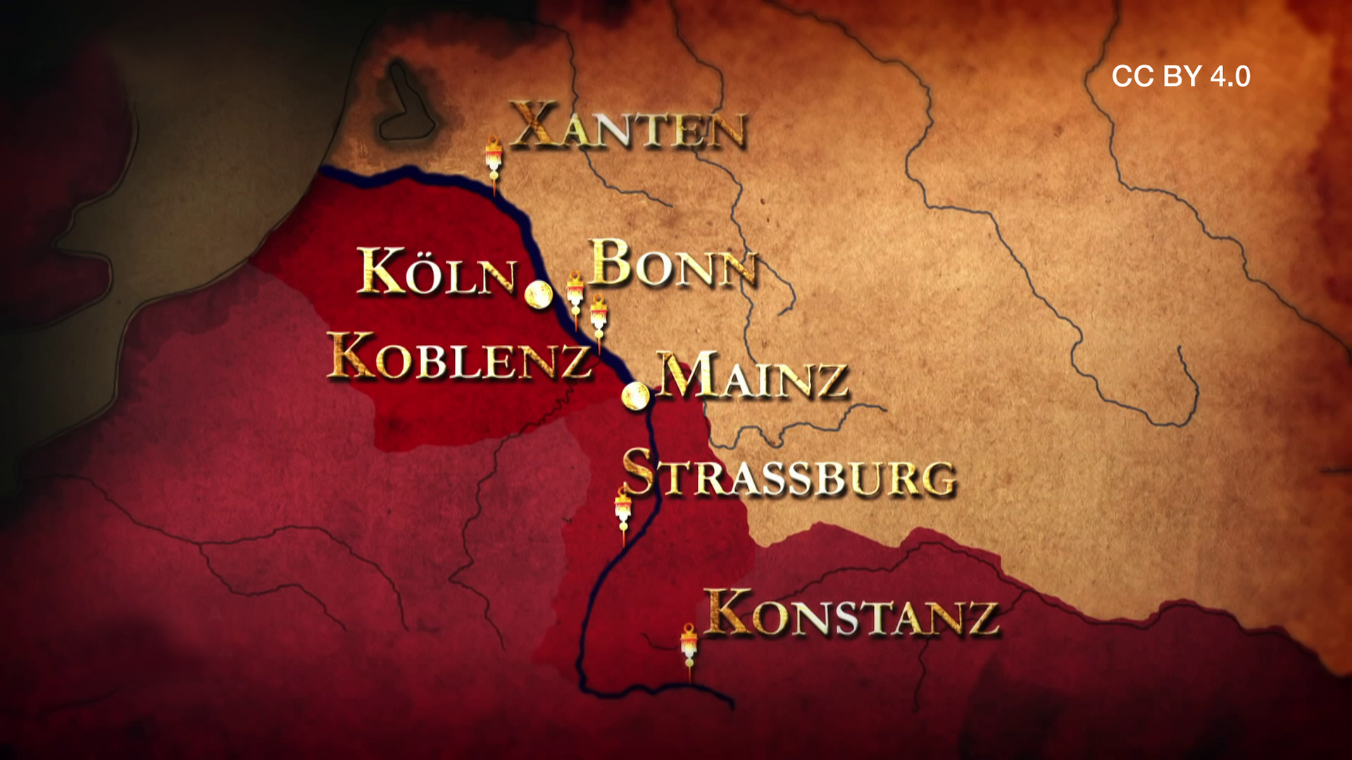 Karte mit römischen Städten am Rhein