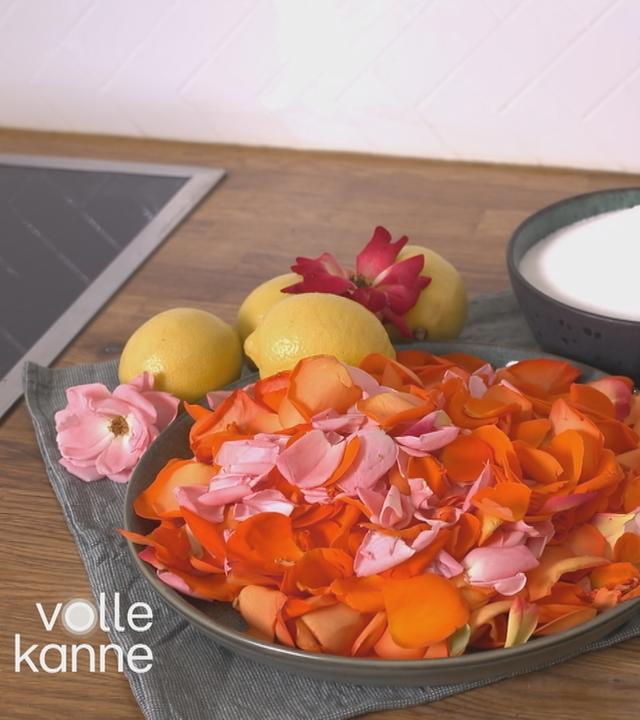 Das Bild zeigt einen Teller voller frischer Rosenblüten, der mit einer Karaffe Wasser und einigen Zitronen, sowie Zucker auf dem Tisch steht. 