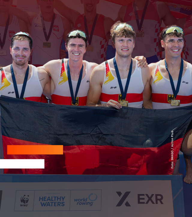 Marc Weber, Felix Heinrich, Jonas Gelsen und Ole Hohensee aus Deutschland jubeln über ihren Sieg am 01.08.2026 in Varese in Italien. 