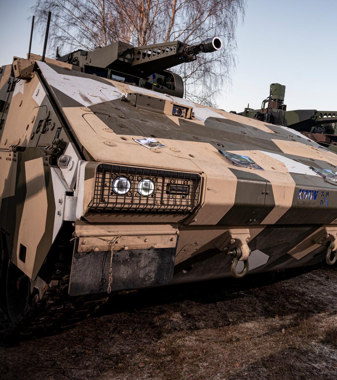 Panzer stehen in einer Reihe nebeneinander.