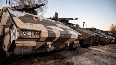 Panzer stehen in einer Reihe nebeneinander.