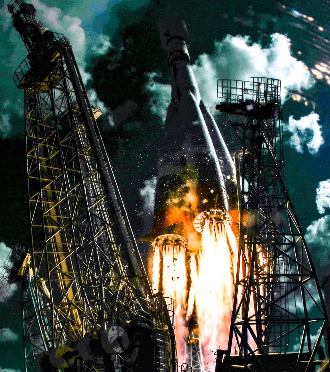 Die Rakete Sojus 2.1b mit den Satelliten Ionosfera-M Nr. 3 und Nr. 4, dem iranischen Satelliten NAHID-2 und 17 weiteren Raumfahrzeugen startet vom Kosmodrom Wostotschny in der russischen Region Amur am 25.07.2025.