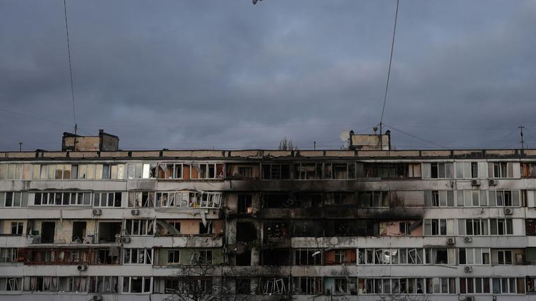 This photograph shows a pigeon flying past a heavily damaged residential building following Russian missiles and drones strikes in Kyiv