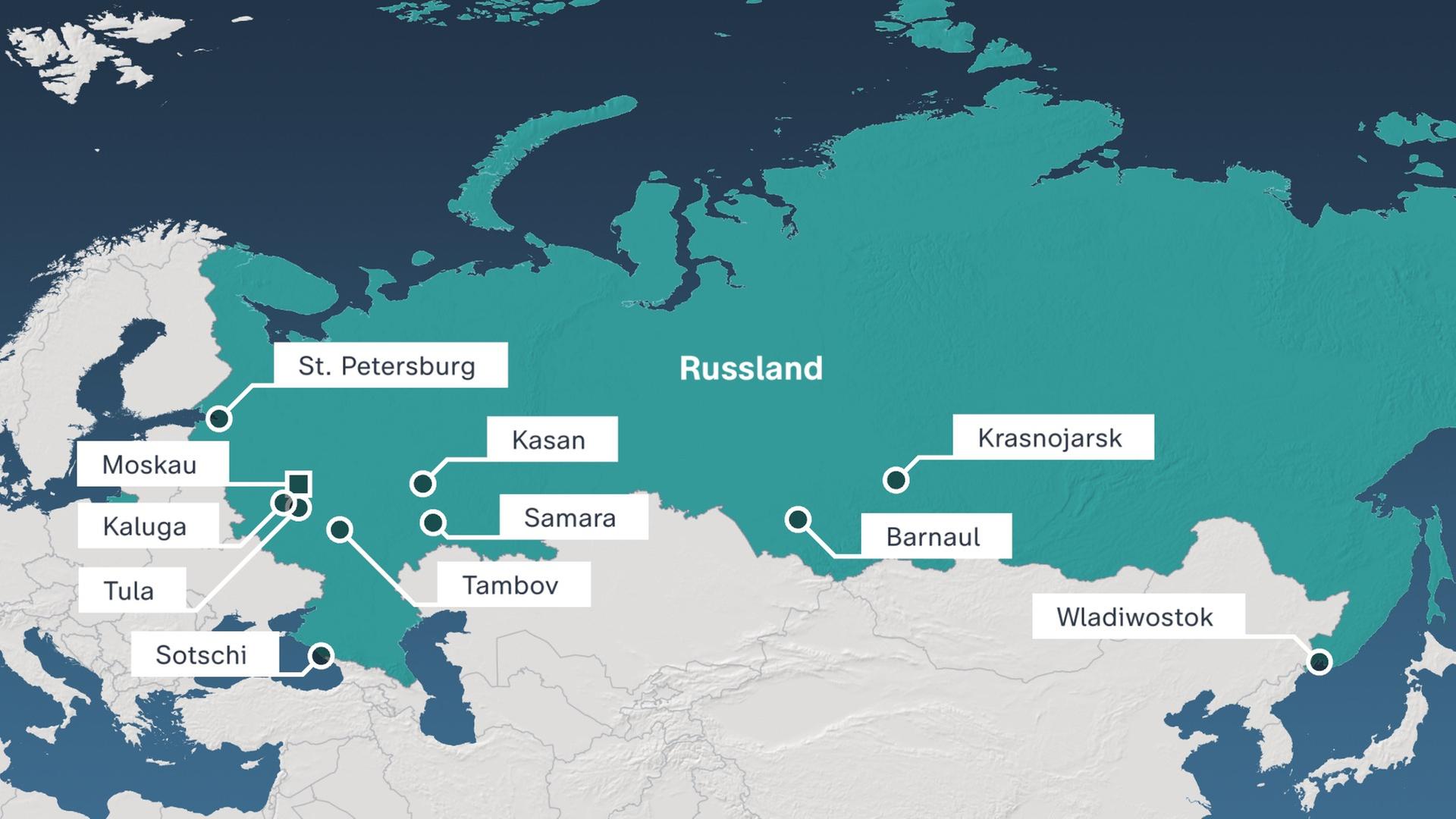 Russland, Karte: Mit Menschen aus diesen russischen Städten konnte ZDF frontal sprechen