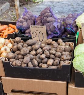 Auf einem Markt werden Kartoffeln verkauft.