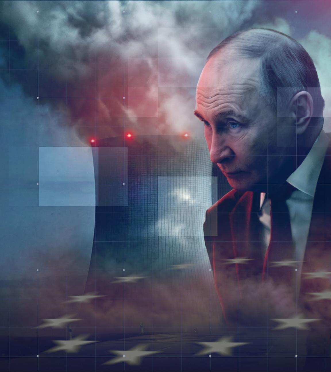 Montage: Putin inmitten von Akw-Kühltürmen schaut bedrohlich auf Sternenkreis (Symbol für Europa) 