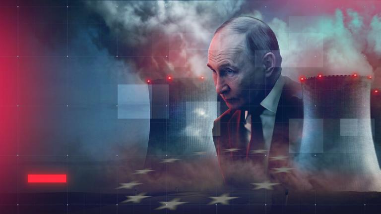 Montage: Putin inmitten von Akw-Kühltürmen schaut bedrohlich auf Sternenkreis (Symbol für Europa) 