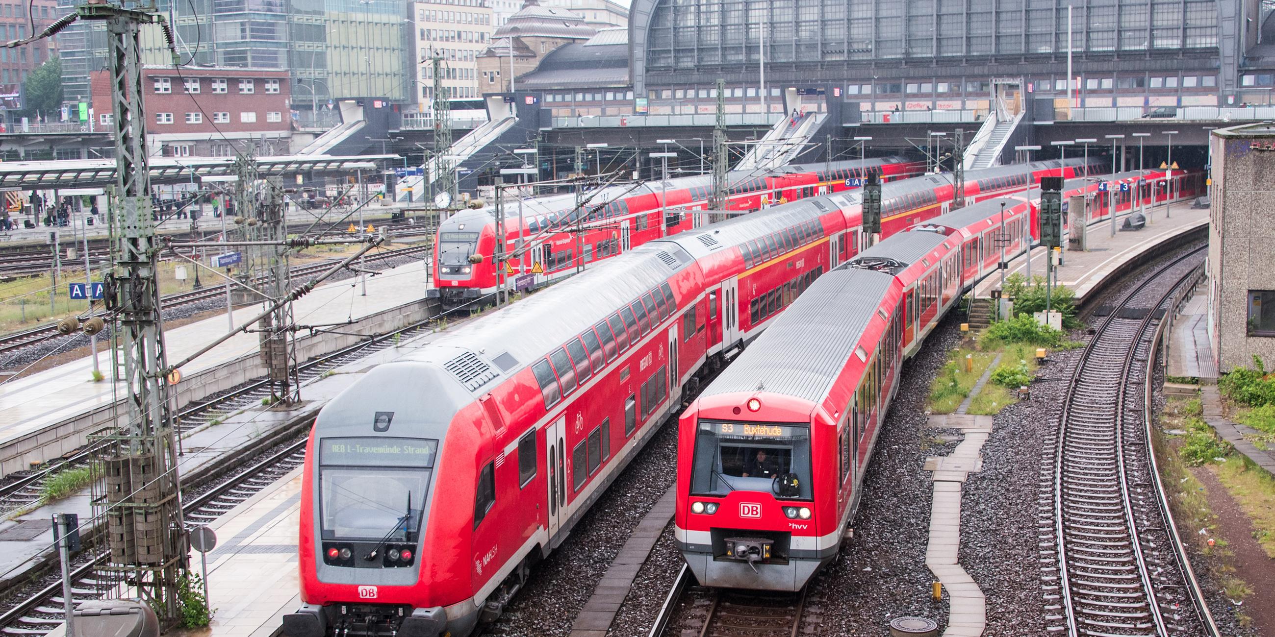 Züge der Regionalbahn und der S-Bahn stehen und fahren im Hauptbahnhof Hamburg