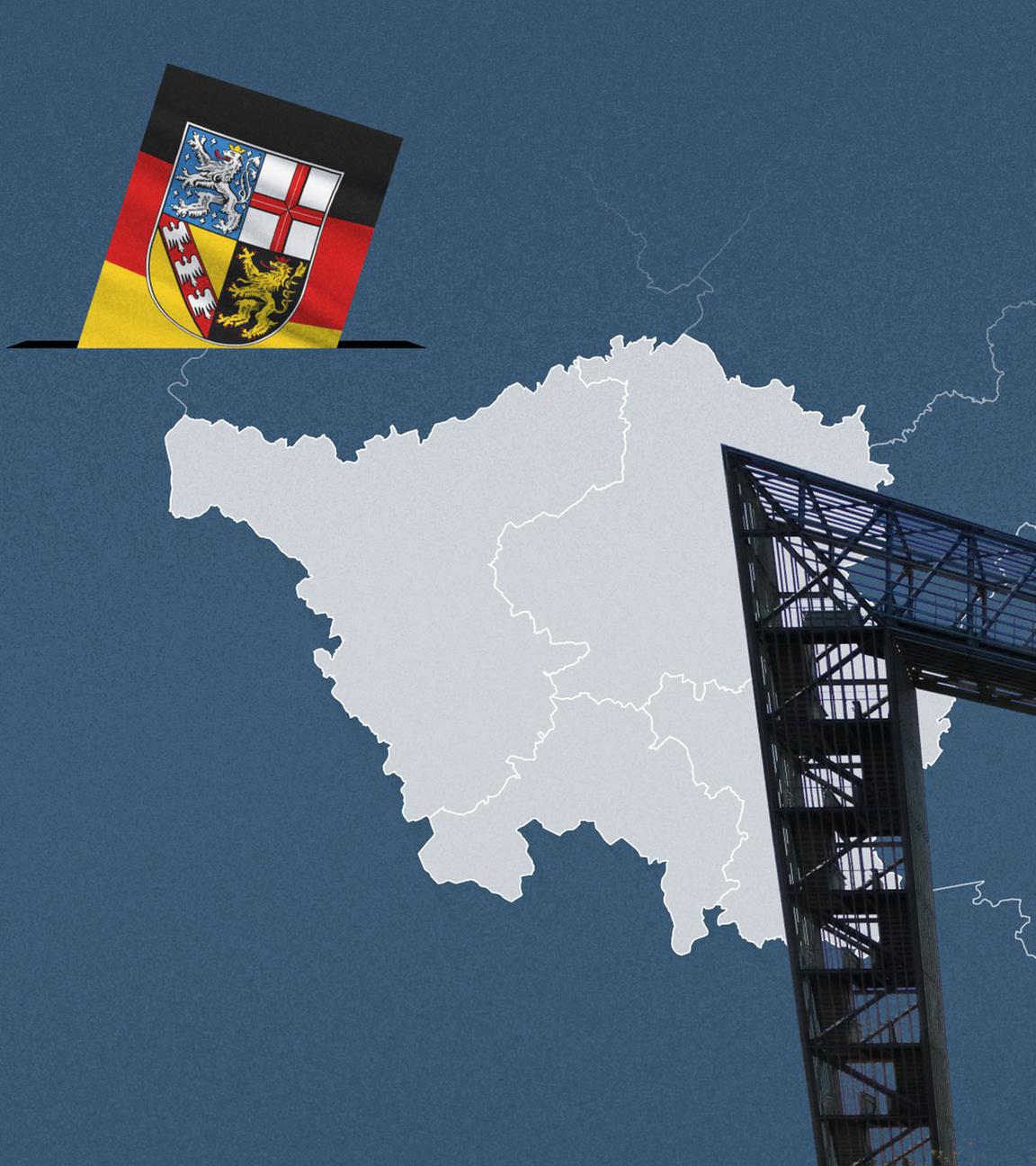 Foto von Saarpolygon, davor eine Wahlkreis-Karte vom Saarland und die Flagge