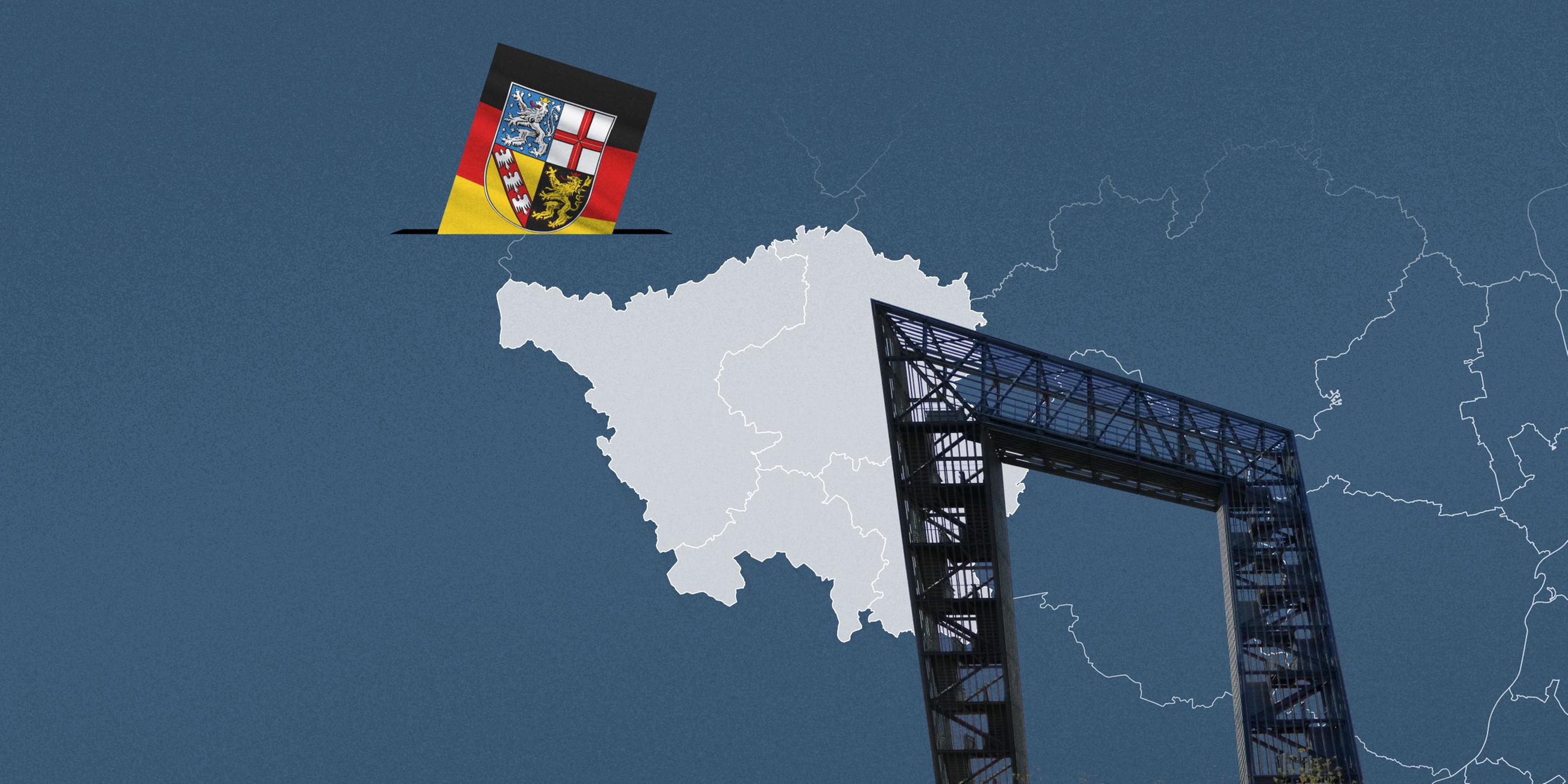 Foto von Saarpolygon, davor eine Wahlkreis-Karte vom Saarland und die Flagge