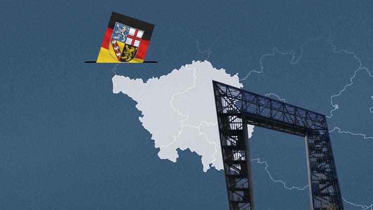 Foto von Saarpolygon, davor eine Wahlkreis-Karte vom Saarland und die Flagge