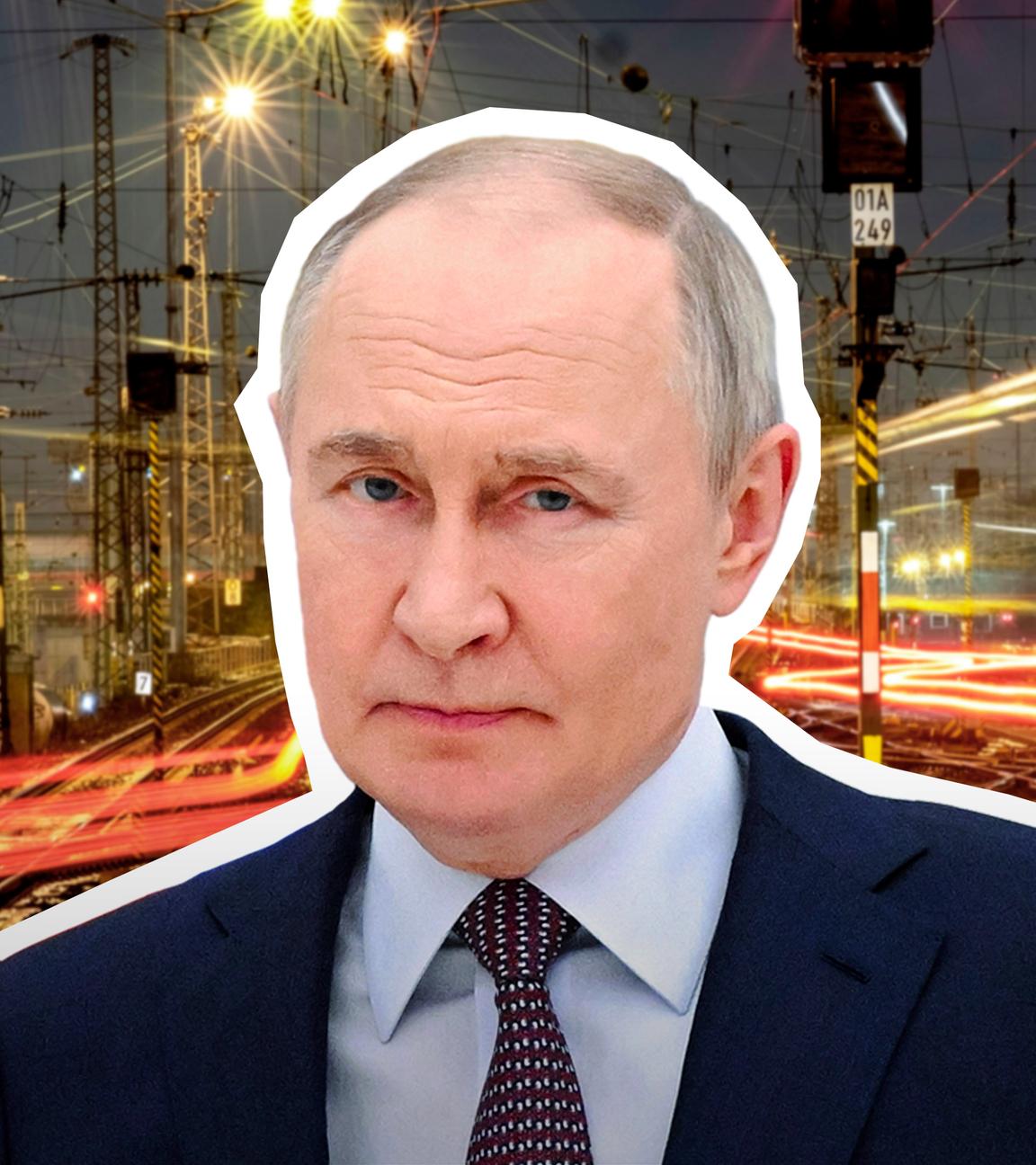 Putin ist auf einem Bild mit Bahngleisen eingefügt.. Ein Fadenkreuz rahmt das Bild ein. 