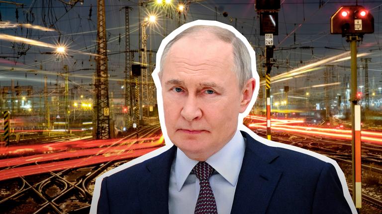 Putin ist auf einem Bild mit Bahngleisen eingefügt.. Ein Fadenkreuz rahmt das Bild ein. 