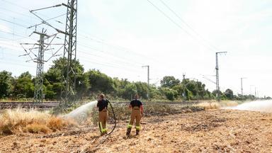 Einsatzkräfte der Feuerwehr löschen einen Böschungsbrand an einer Bahnstrecke.